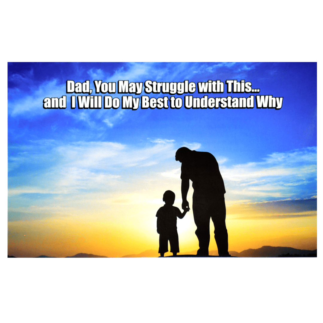 A father and son standing in front of the sunset.