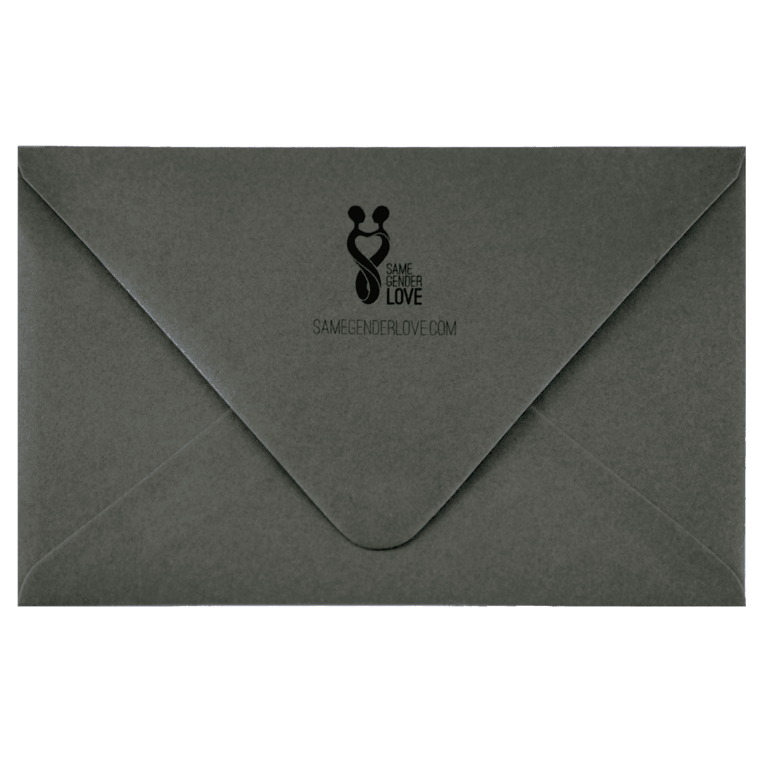 A gray envelope with a black logo on it.