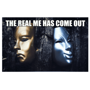 A poster of two masks with the words 
