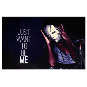 A person with a mask on and the words 