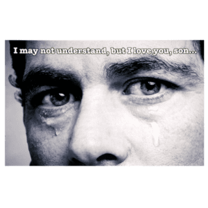A man with tears in his eyes and the words 