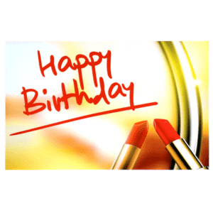 A birthday card with two red lipstick on it.
