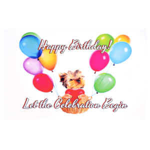 A birthday card with balloons and a dog.
