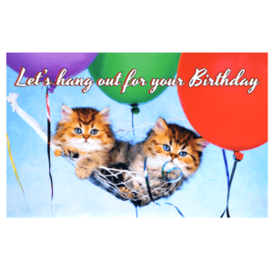 A birthday card with three kittens and balloons.