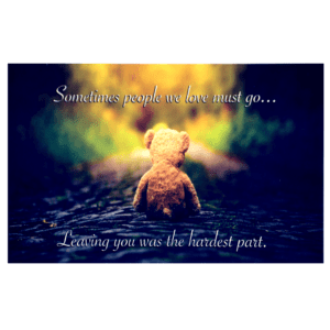 A teddy bear sitting on the ground with a quote.