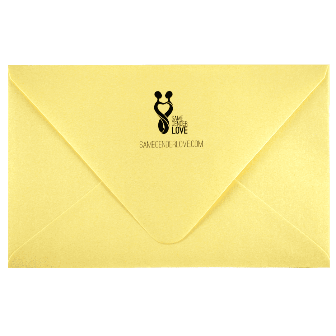 A yellow envelope with a black and white logo.