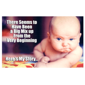 A baby with its head down and the text 