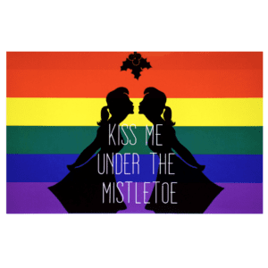 A rainbow flag with two silhouettes of people in the background.