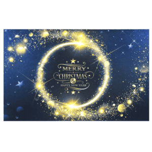 A blue background with gold stars and a circle.