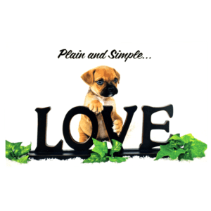 A puppy sitting on top of the word love.