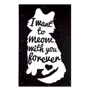 A cat sitting on top of a table with the words 