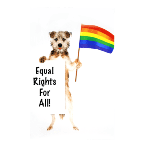 A dog holding a sign and a rainbow flag.