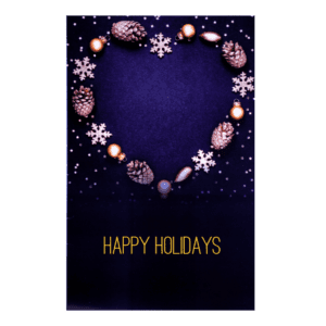 A heart shaped card with the words happy holidays written in it.