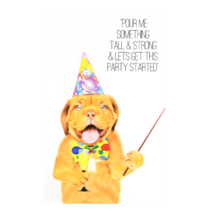 A dog wearing a party hat and holding a wand.