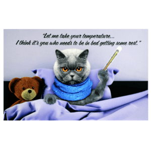 A cat with a thermometer in its mouth and teddy bear.