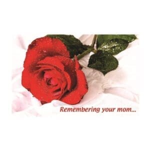 A red rose with leaves on it and the text 