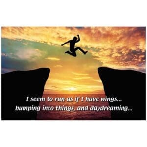 A man jumping over two rocks with the words 