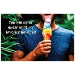 A man holding an ice cream cone with the words 