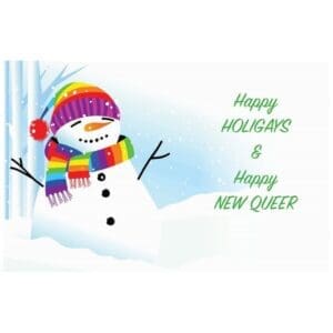 A snowman with a rainbow scarf and hat.