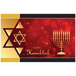 A red and gold hanukkah card with a star of david.