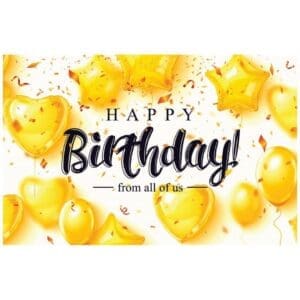 A birthday card with balloons and confetti.