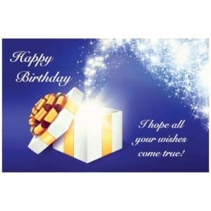 A birthday card with an open gift box and fireworks.