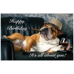 A dog with a hat and cigar on the couch
