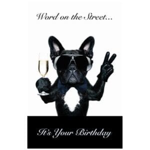 A black dog with sunglasses and holding a glass of wine.