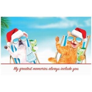 A cat and dog sitting in lawn chairs wearing santa hats.