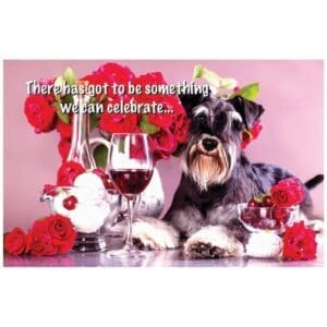 A dog sitting next to some roses and wine.