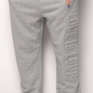 A pair of grey pants with the words 