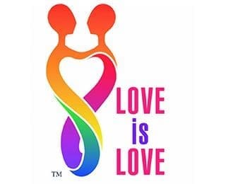 A rainbow colored logo with the words " love is love ".