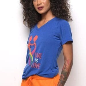 Full Color Short Sleeve Women's V Neck T-Shirt Blue 1