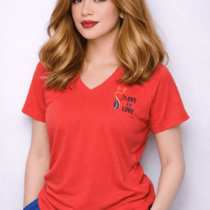 A woman wearing an orange and blue shirt with the words 